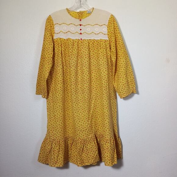 VTG Jeri Morton 60s Nightie Prairie M Yellow Red Floral Ruffle Cottage Eyelet - Picture 1 of 13